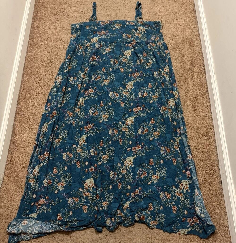 Natural Life Floral Sleeveless Midi Dress Blue Size L High Slits Rayon Boho